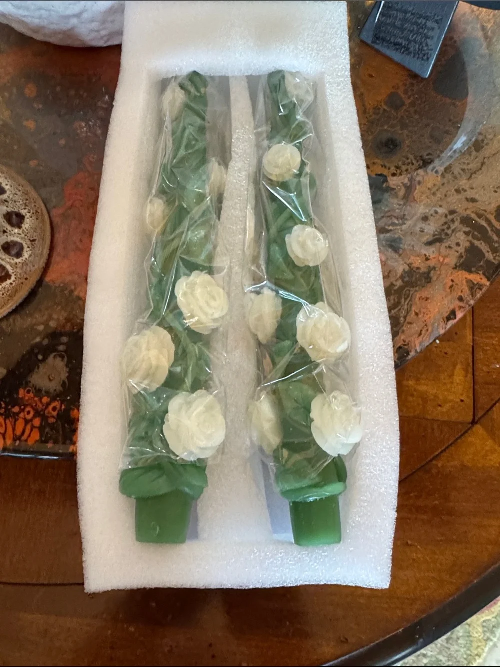 Anthropologie (2) Green Taper Candle Pair & Candle Holders